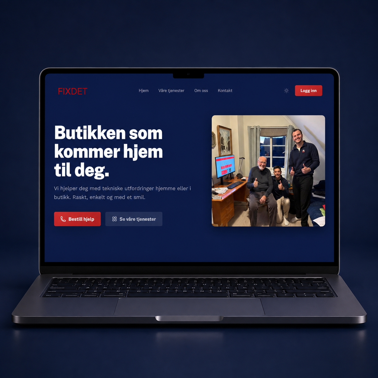 Nettsiden til Fixdet vist på laptop — mobil data- og teknikkhjelp hjemme hos kunden, bygget av Webtoget