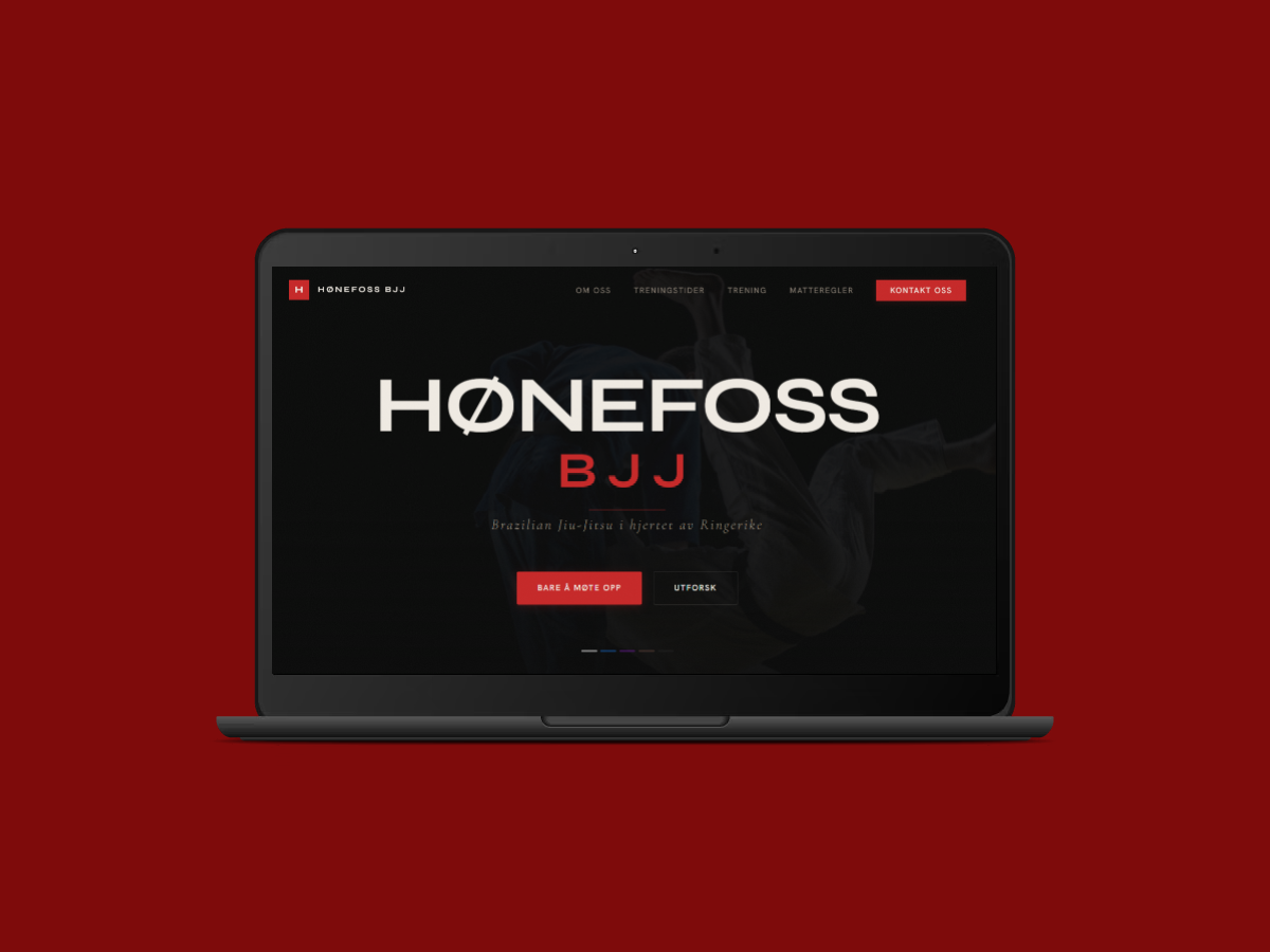 Nettside for H&oslash;nefoss BJJ med informasjon om Brazilian Jiu-Jitsu-klubben og treningstider, designet av Webtoget