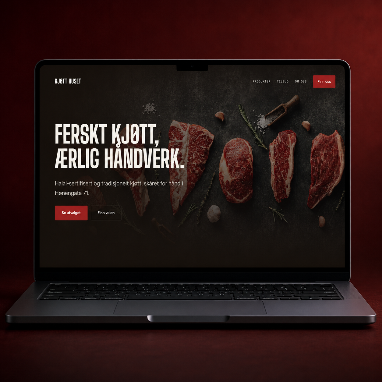 Nettsiden til Kjøtthuset vist på laptop — halalslakter i Hønengata med ferskt kjøtt skåret for hånd, bygget av Webtoget