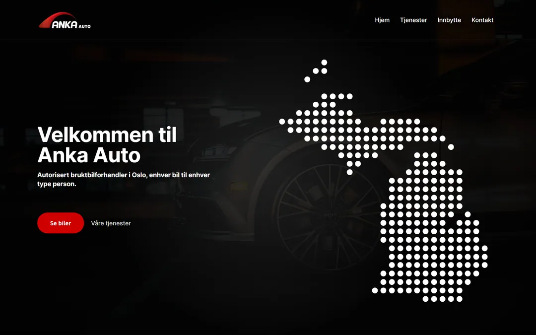 Forsiden til ankaauto.no med bilsalg, innbytte, finansiering og forsikring