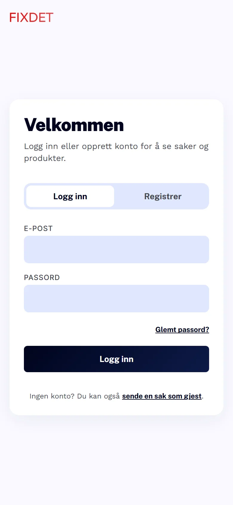 Innloggingen i Fixdet-appen med valgene Logg inn og Registrer