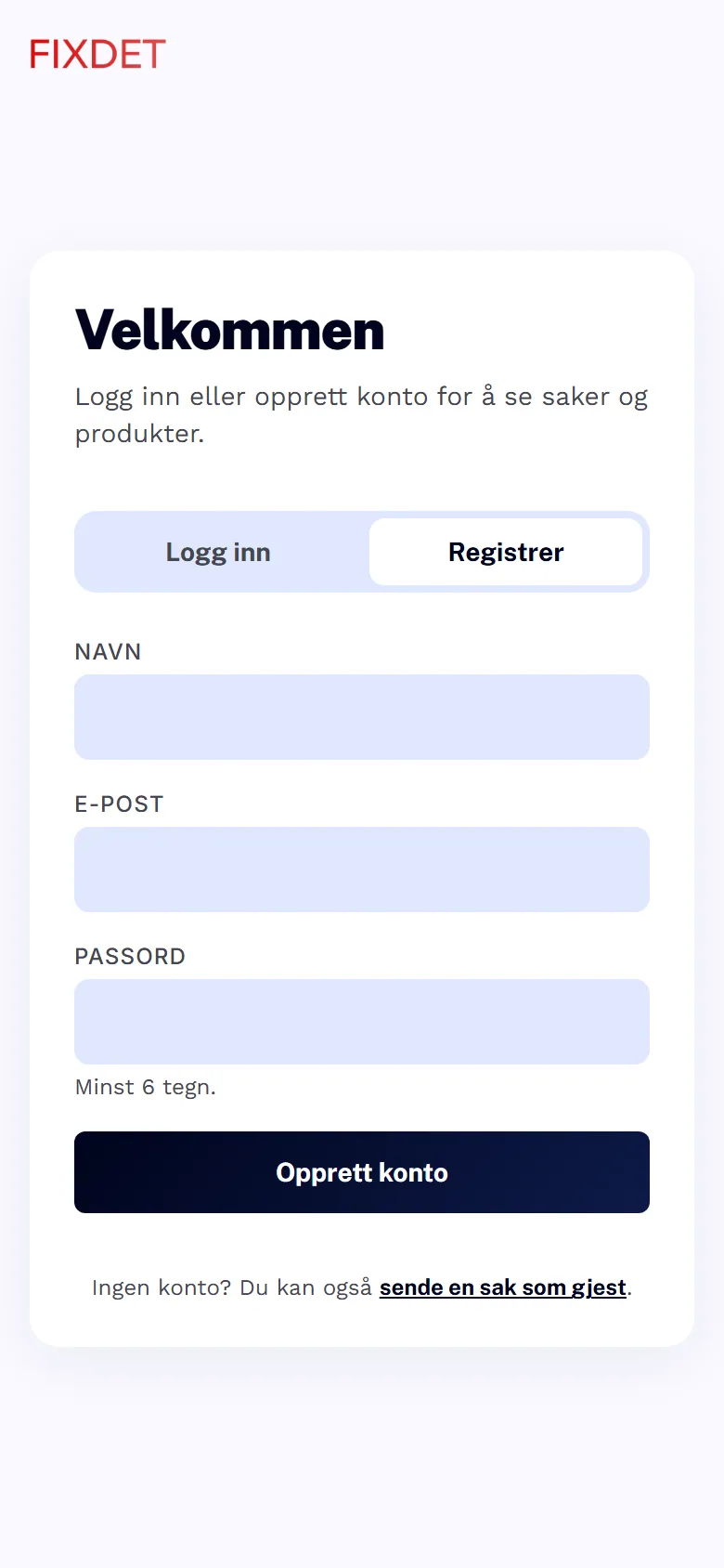 Registrering av ny konto i Fixdet-appen