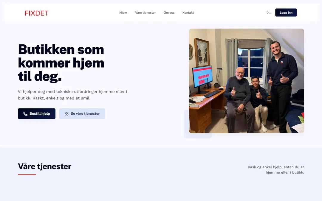 Forsiden til fixdet.no med overskriften Butikken som kommer hjem til deg og knappene Bestill hjelp og Se våre tjenester
