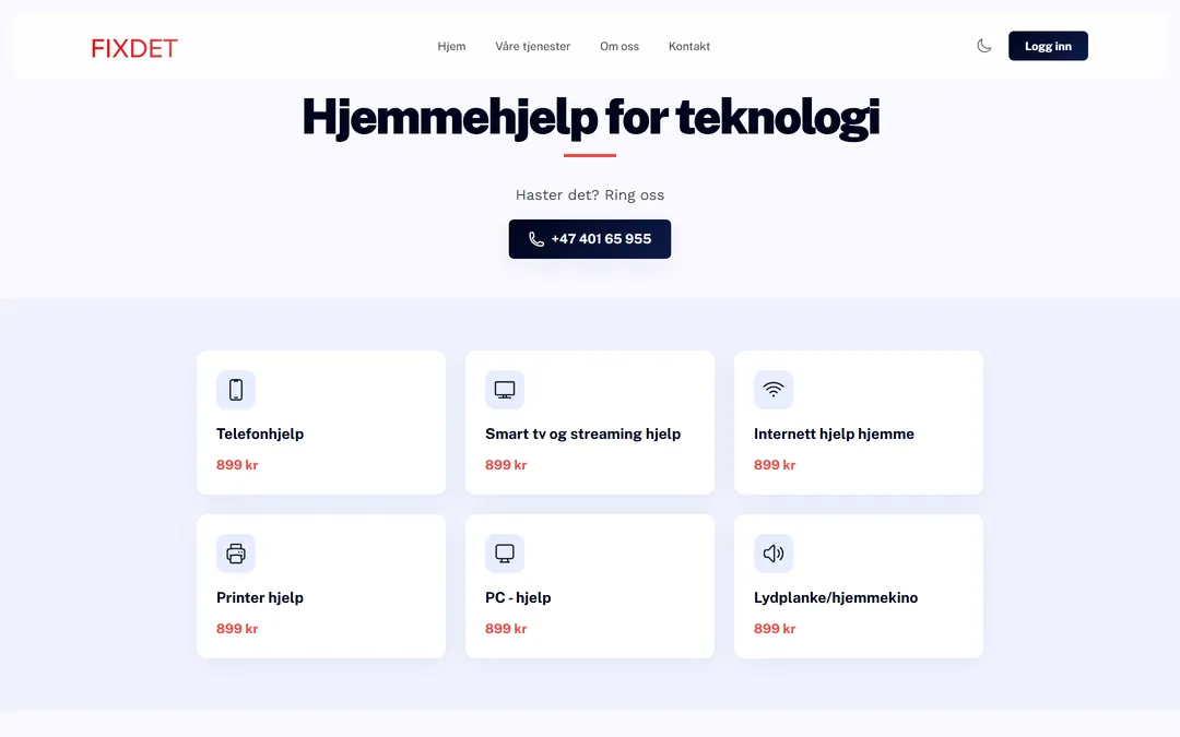 Siden Hjemmehjelp for teknologi på fixdet.no med seks typer hjelp: telefon, smart-TV og strømming, internett, printer, PC og lydplanke