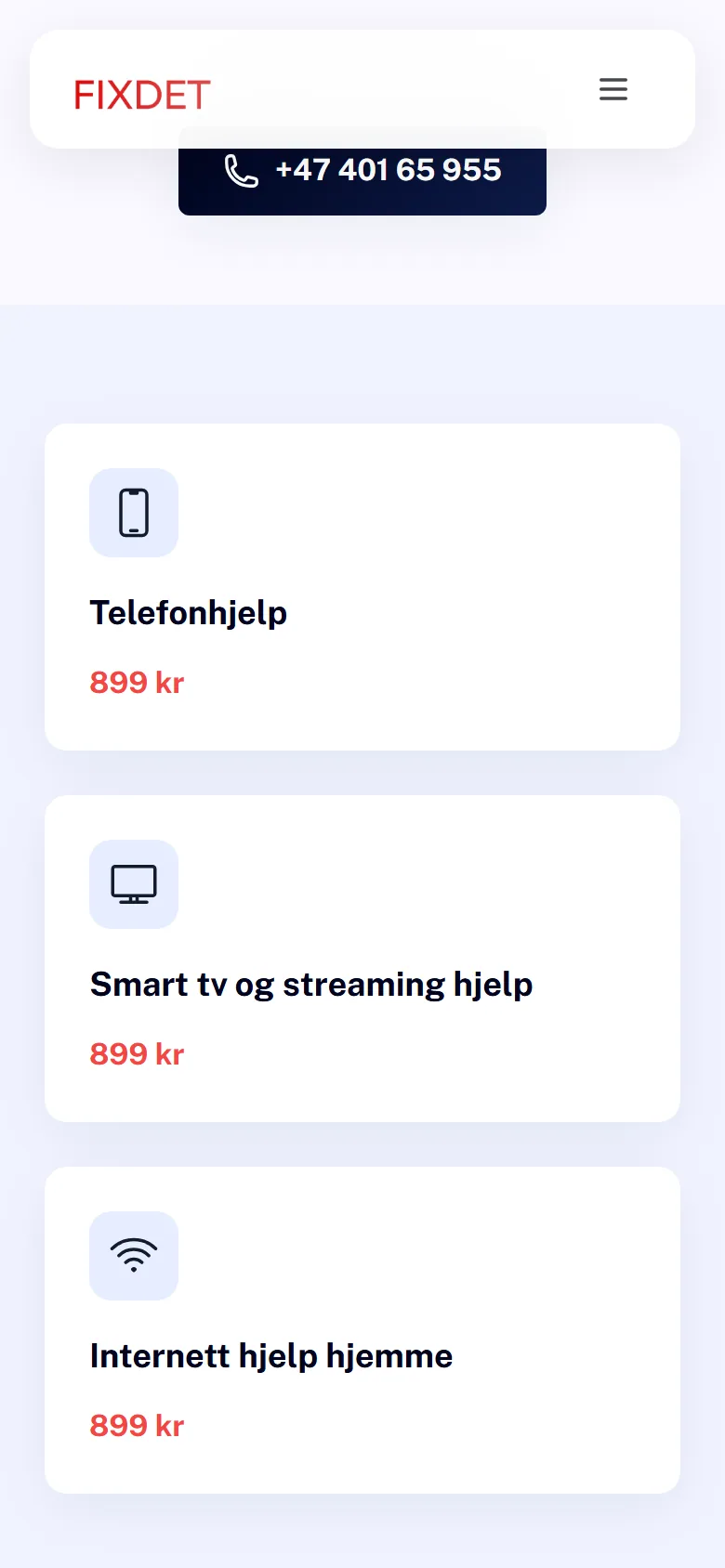 Valg av type hjemmehjelp hos Fixdet, vist på mobil