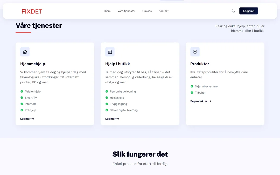 Seksjonen Våre tjenester på fixdet.no med hjemmehjelp, hjelp i butikk og produkter