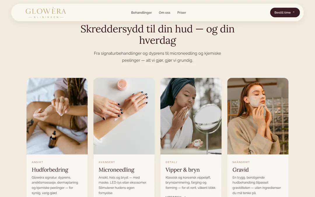 Behandlingsoversikten på gloweraklinikken.no med hudforbedring, microneedling, vipper og bryn og gravid