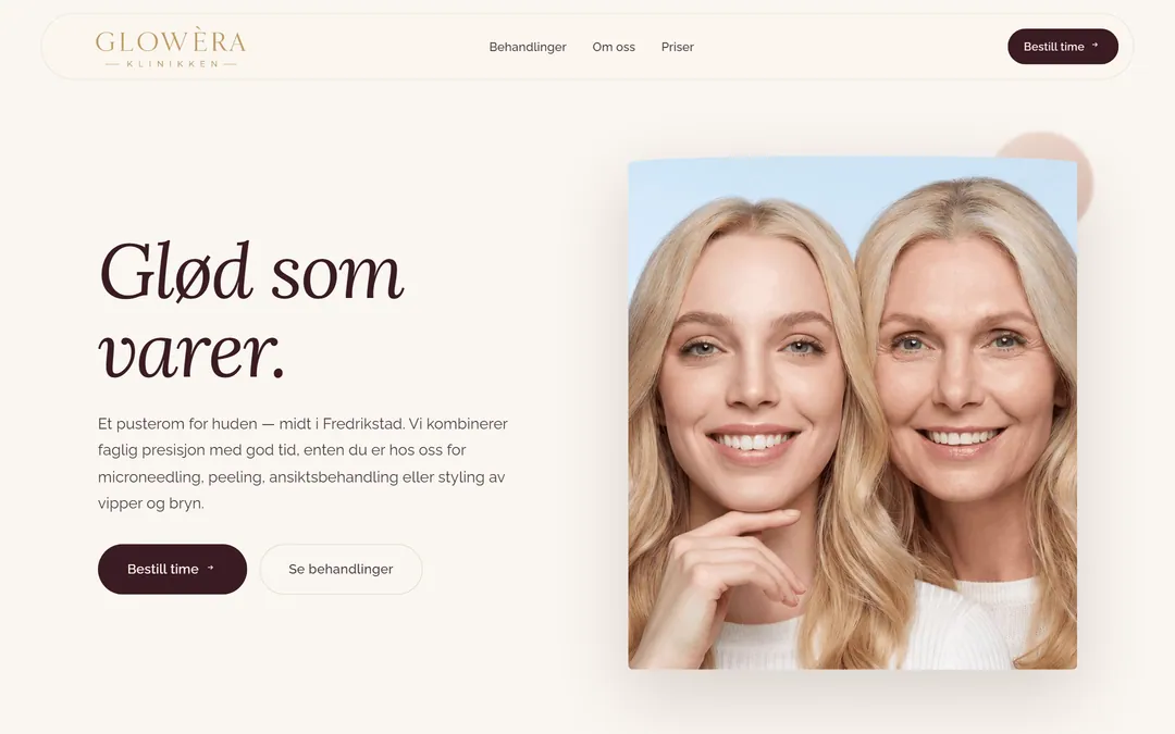 Forsiden til gloweraklinikken.no med overskriften Glød som varer og knappene Bestill time og Se behandlinger