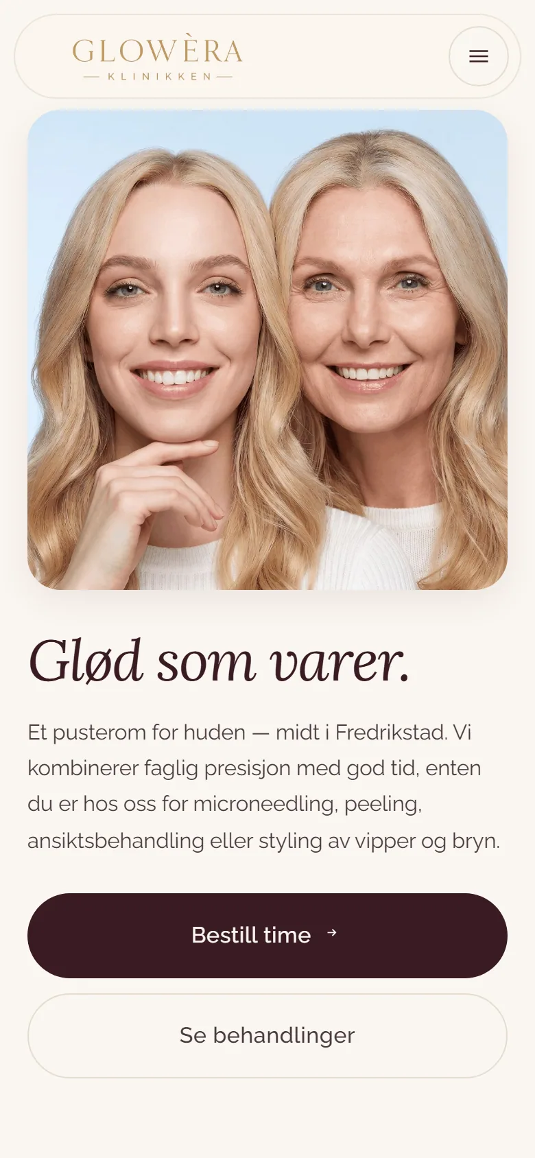 Forsiden til Glowera Klinikken på mobil med overskriften Glød som varer
