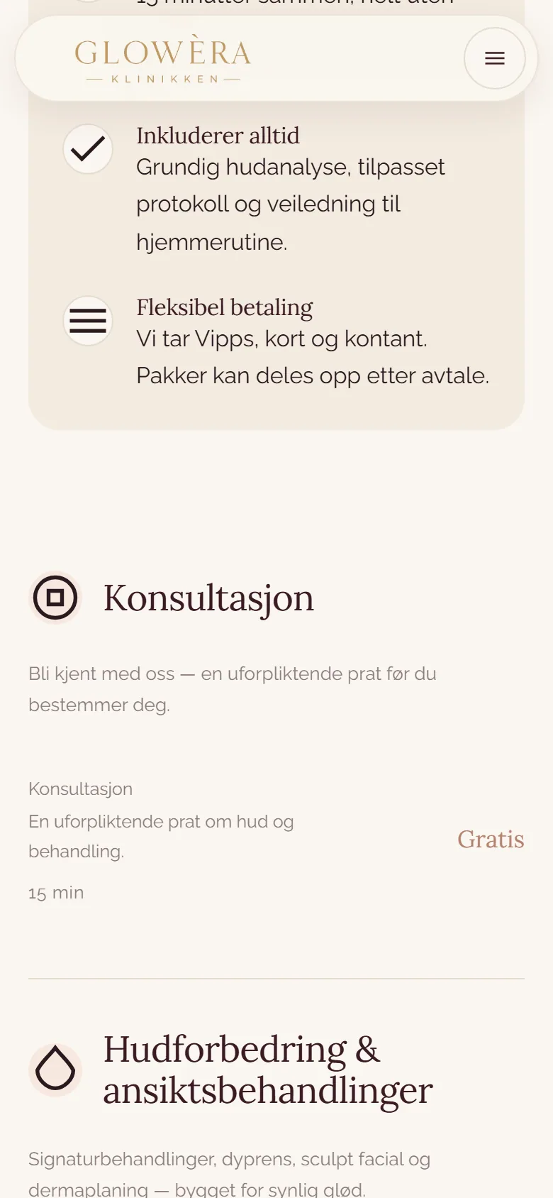 Prislisten til Glowera Klinikken på mobil med behandlinger, varighet og pris
