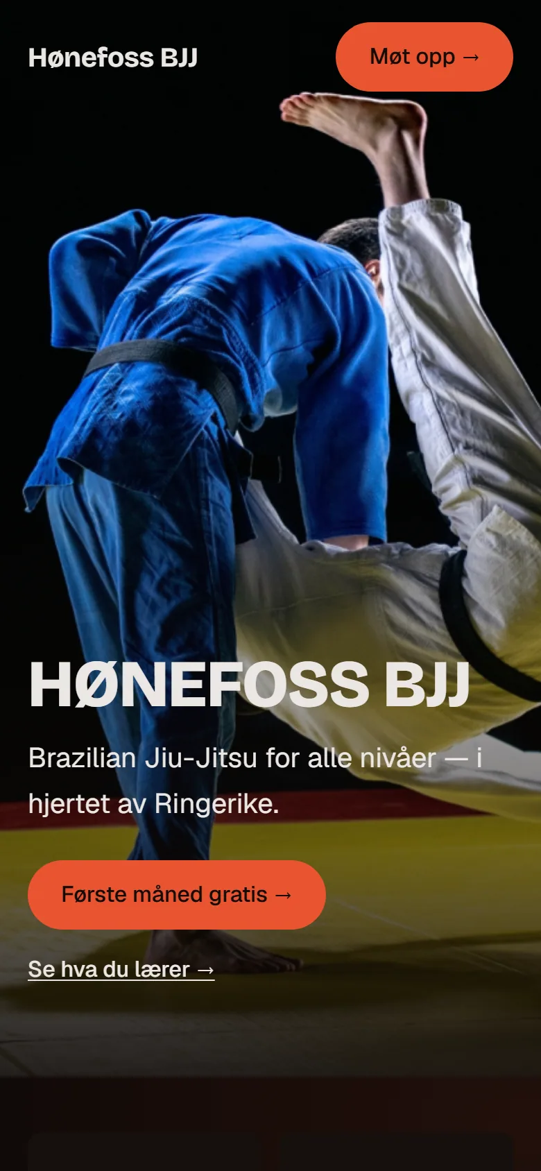 Nettsiden til Hønefoss BJJ på mobil