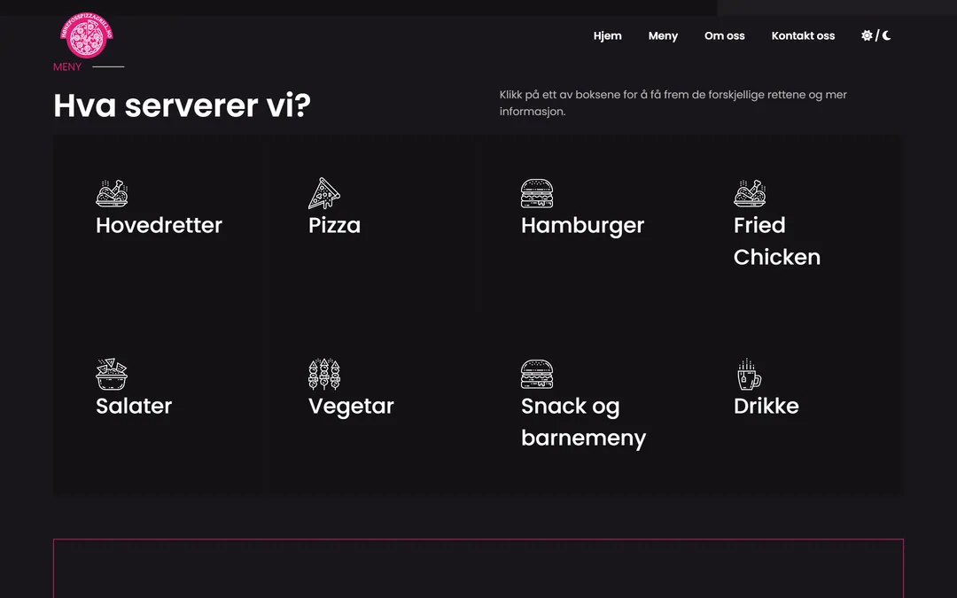 Menyseksjonen Hva serverer vi? med kategoriene hovedretter, pizza, hamburger, fried chicken, salater, vegetar, snacks og drikke