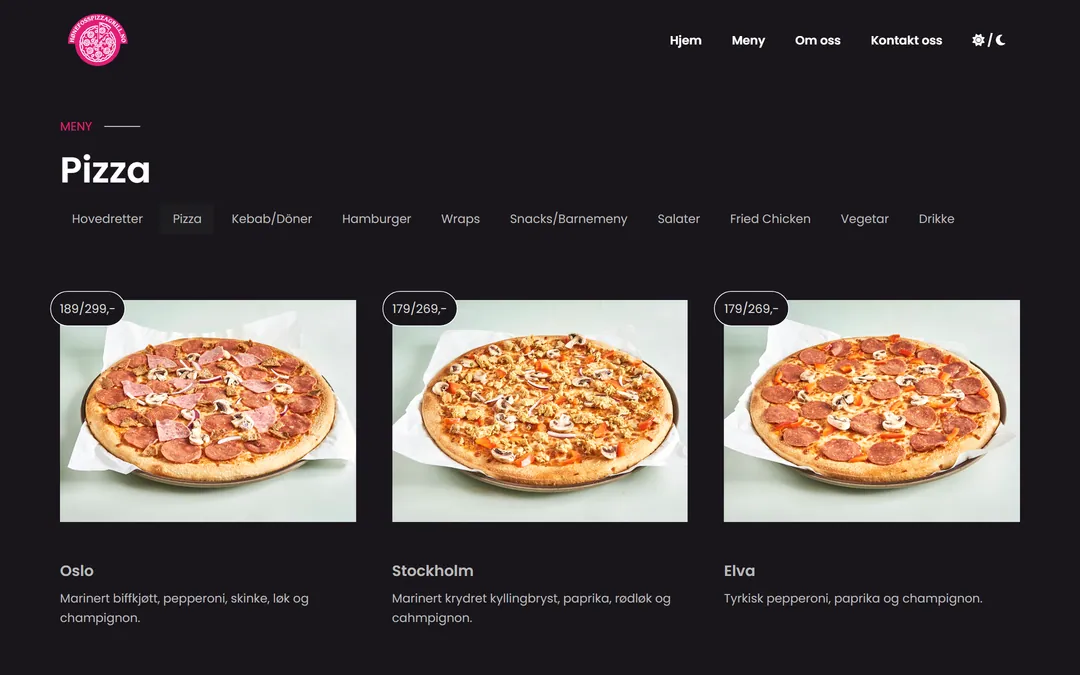 Pizzamenyen på honefosspizzagrill.no med navn, ingredienser og pris for liten og stor pizza