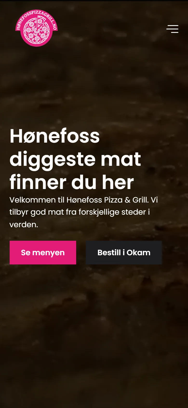 Forsiden til Hønefoss Pizza & Grill på mobil med knappene Se menyen og Bestill