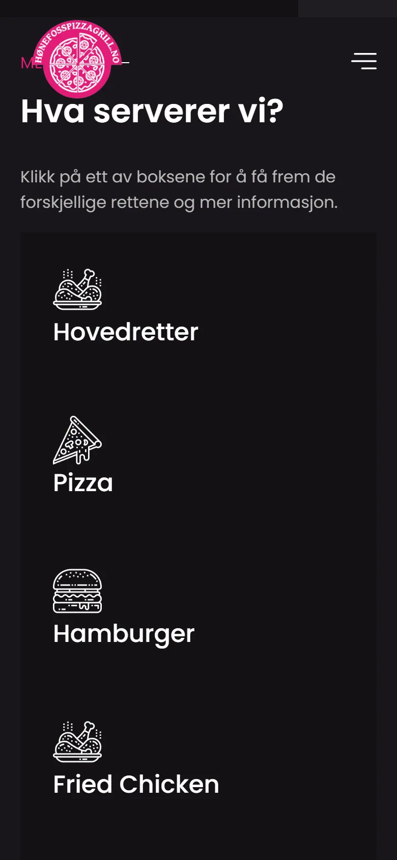 Menykategoriene til Hønefoss Pizza & Grill på mobil: hovedretter, pizza, hamburger og fried chicken