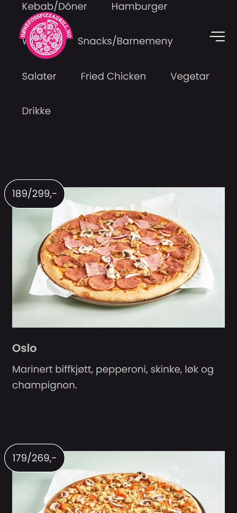 Pizzamenyen til Hønefoss Pizza & Grill på mobil med retter og priser