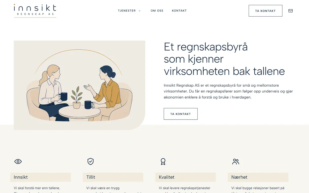 Forsiden til innsiktregnskap.no med overskriften Et regnskapsbyrå som kjenner virksomheten bak tallene og en strektegning av to personer i samtale