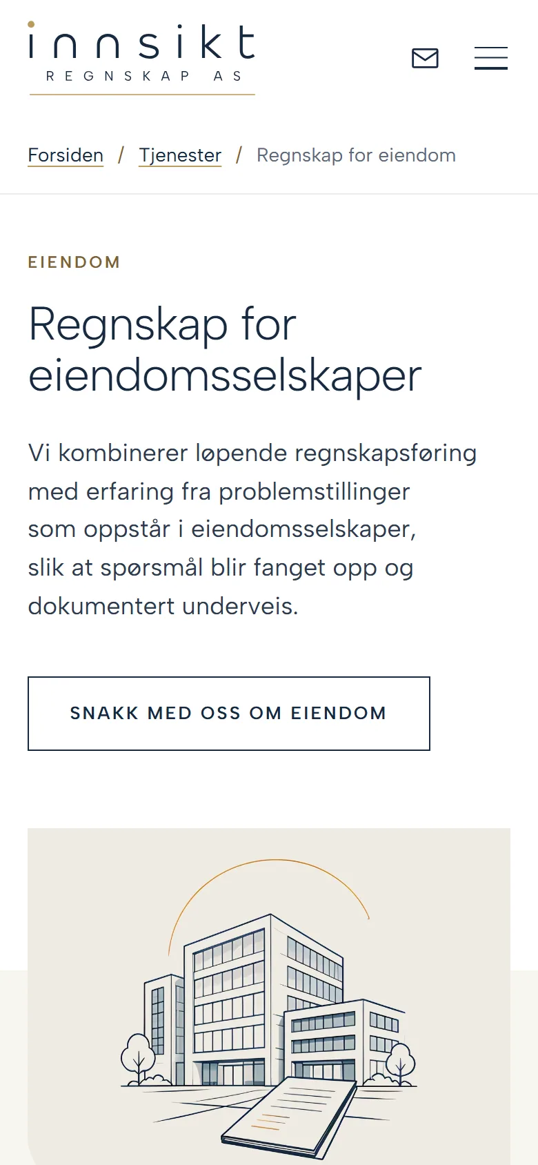 Siden Regnskap for eiendomsselskaper hos Innsikt Regnskap, vist på mobil