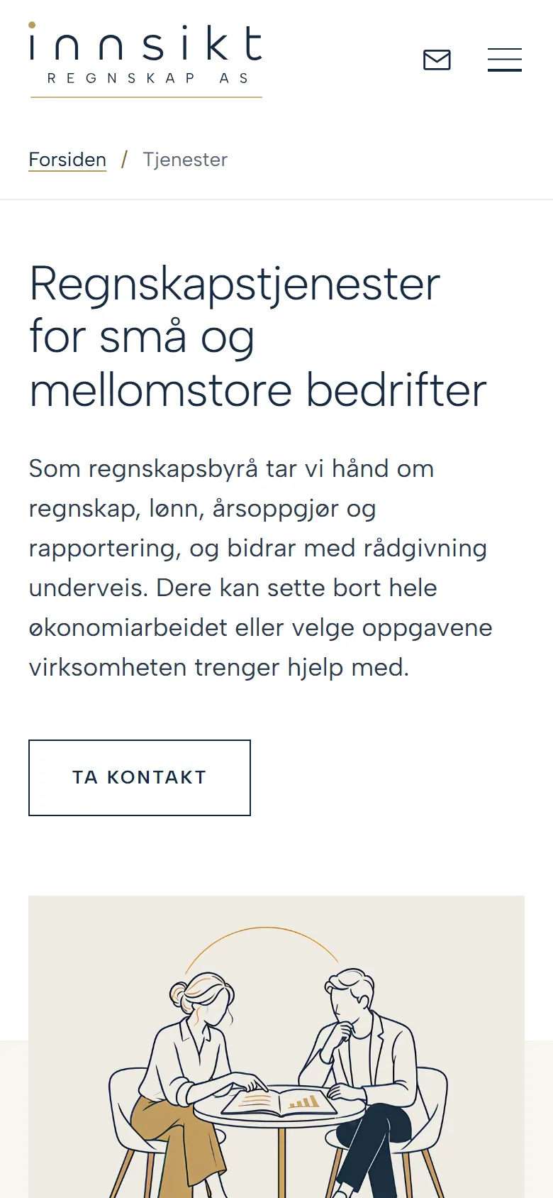 Tjenestesiden til Innsikt Regnskap på mobil med overskriften Regnskapstjenester for små og mellomstore bedrifter