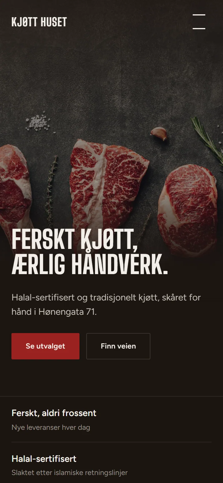 Forsiden til Kjøtt Huset på mobil med knappene Se utvalget og Finn veien