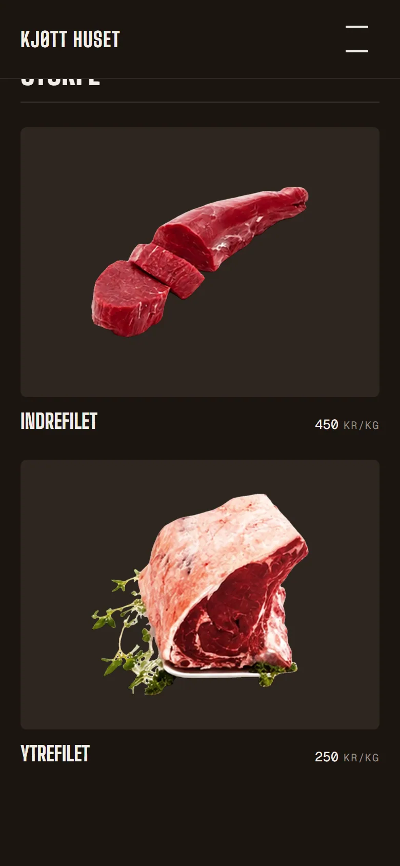 Produktkort for storfe med bilde og kilopris, vist på mobil
