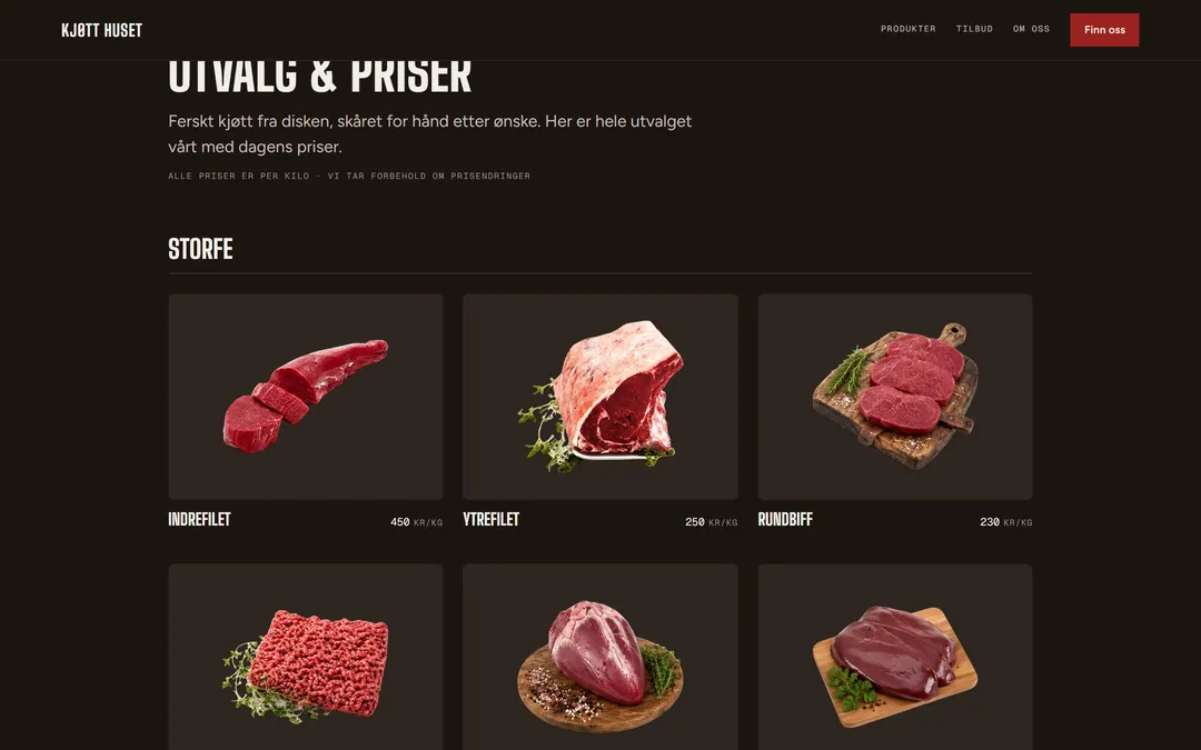 Seksjonen Utvalg og priser på kjotthuset.no med storfeprodukter, hvert med bilde og pris per kilo