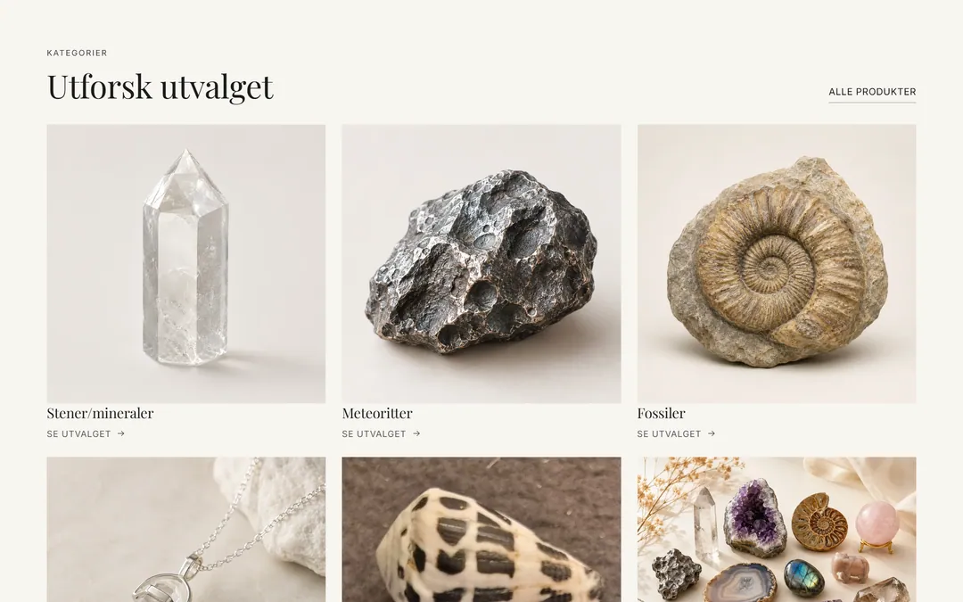 Kategorioversikten Utforsk utvalget med stener og mineraler, meteoritter, fossiler, smykker, skjell og annet