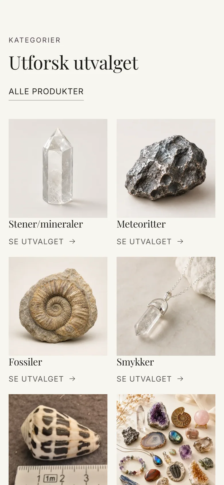 Nettbutikken Linns Krystallhule på mobil med kategoriene stener og mineraler, meteoritter og fossiler