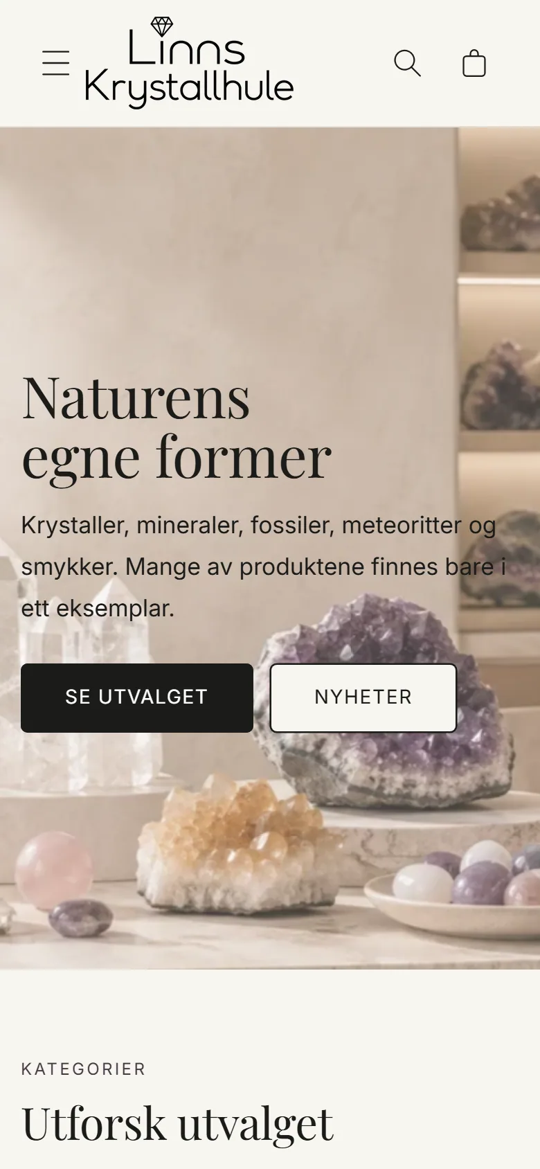 Forsiden til Linns Krystallhule på mobil med overskriften Naturens egne former
