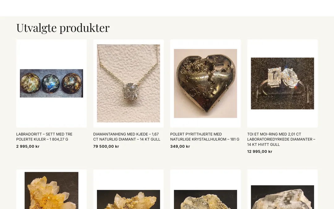 Utvalgte produkter i nettbutikken, hvert med eget bilde, navn, vekt og pris