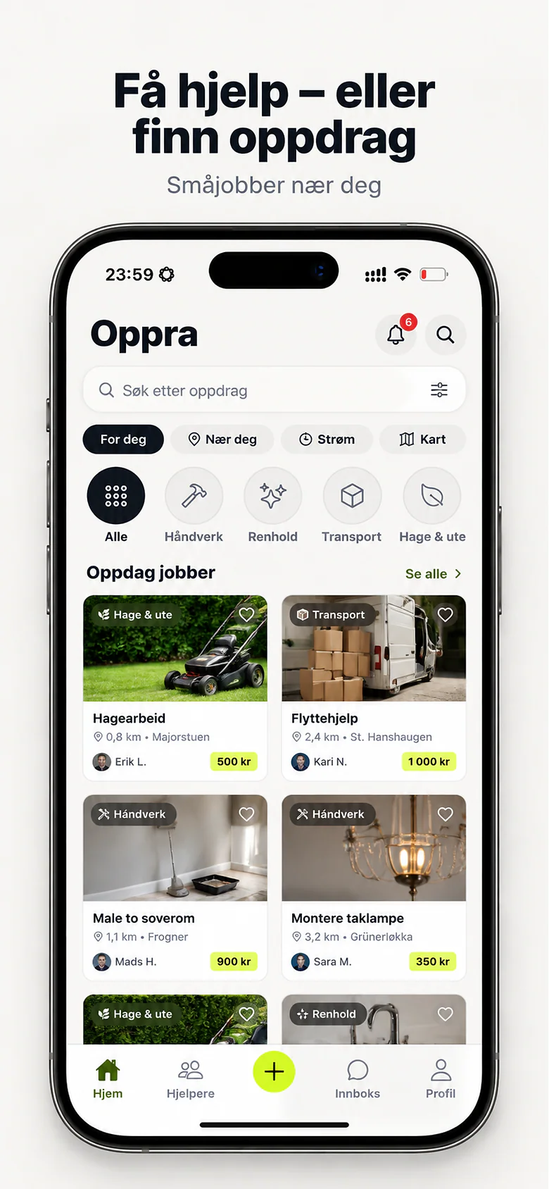 App Store-bilde med teksten Få hjelp eller finn oppdrag: forsiden i Oppra-appen med søk, kategorier og oppdrag i nærheten med pris