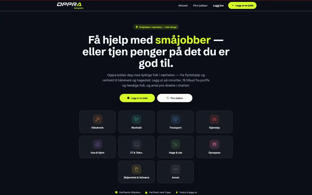 Forsiden til oppra.no med overskriften Få hjelp med småjobber og knappene Legg ut en jobb og Finn jobber