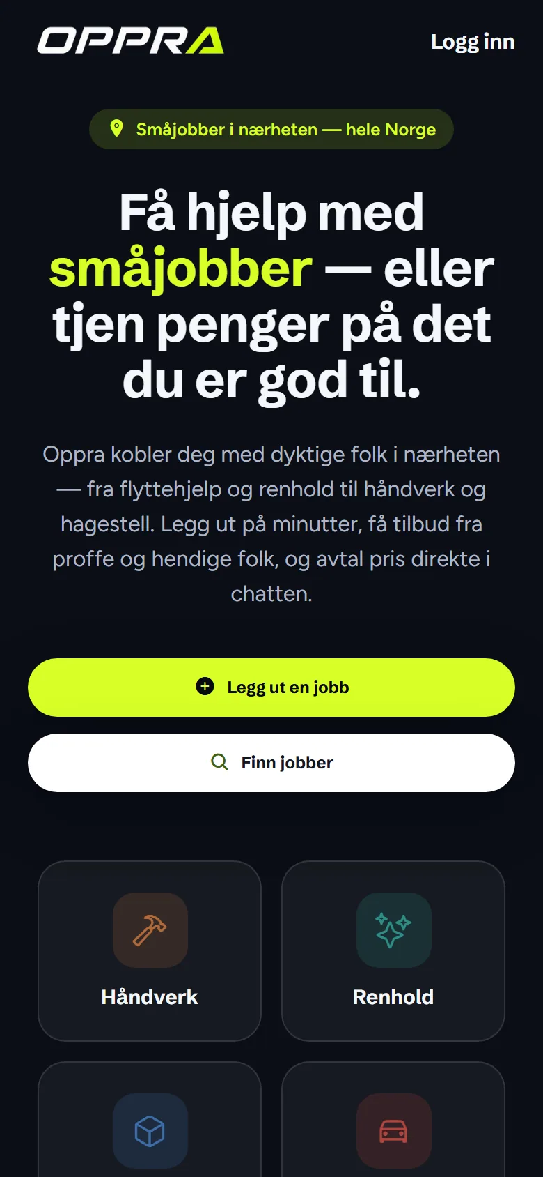 Oppra på mobil med overskriften Få hjelp med småjobber og kategoriene for oppdrag