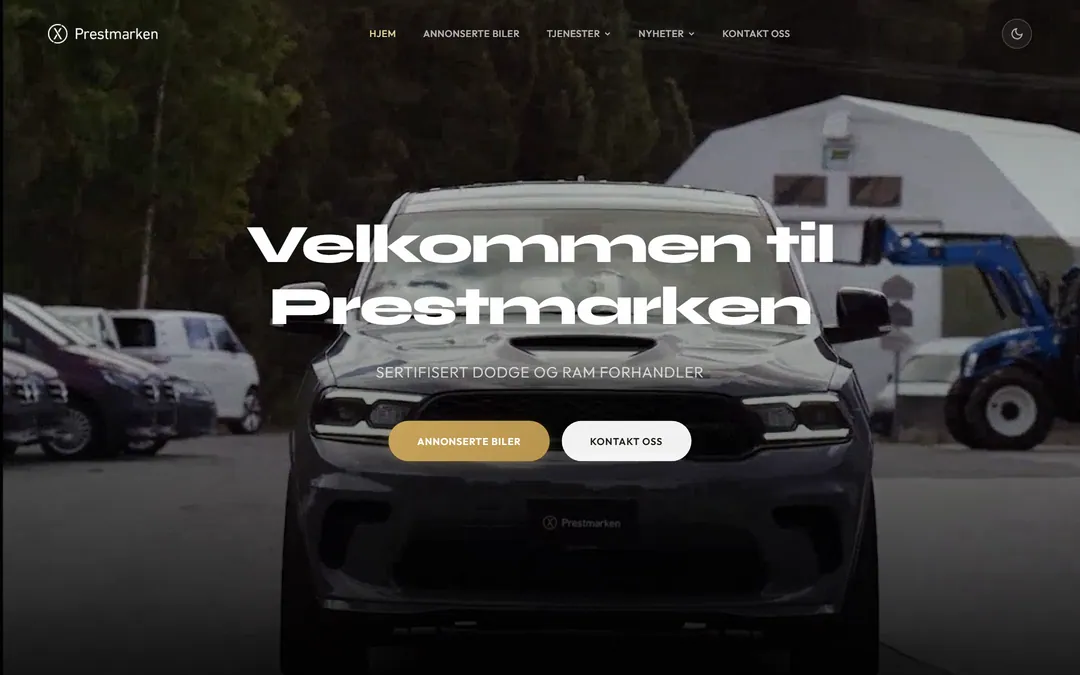 Forsiden til prestmarken.com med en RAM pickup i toppen og knappene Annonserte biler og Kontakt oss