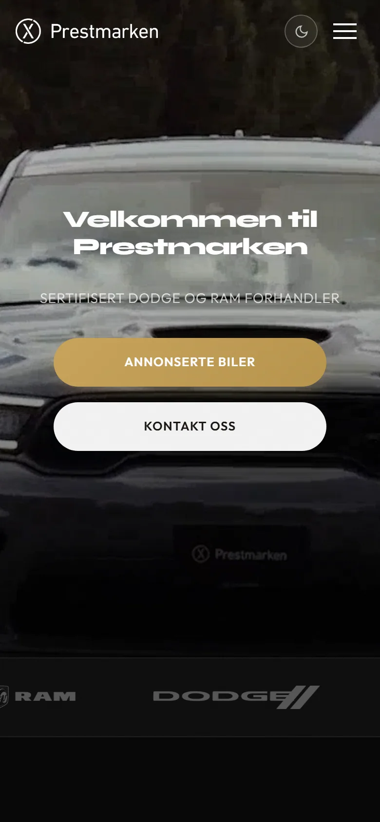 Prestmarkens nettside på mobil med velkomsttekst og knapper til annonserte biler og kontakt