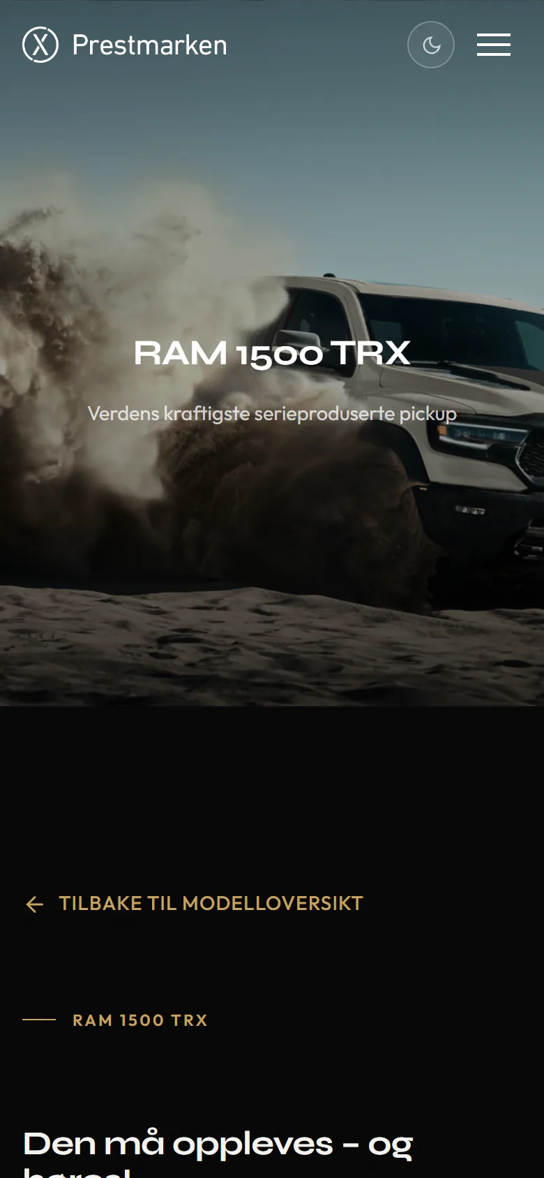 Modellsiden for RAM 1500 TRX på mobil