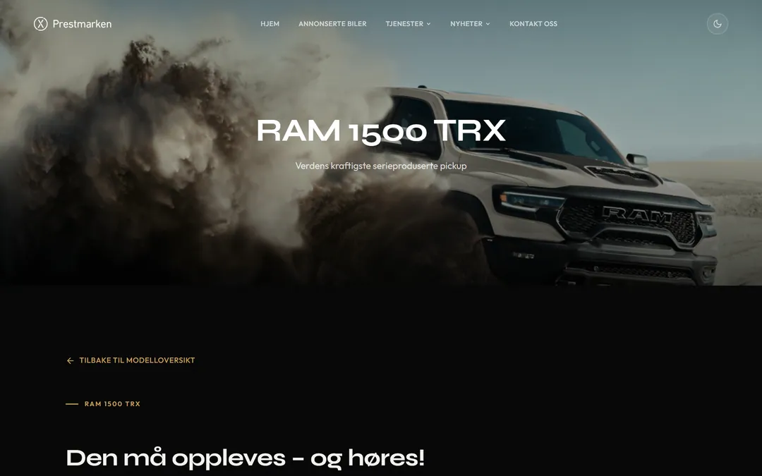 Modellsiden for RAM 1500 TRX på prestmarken.com med tekniske data og utstyr