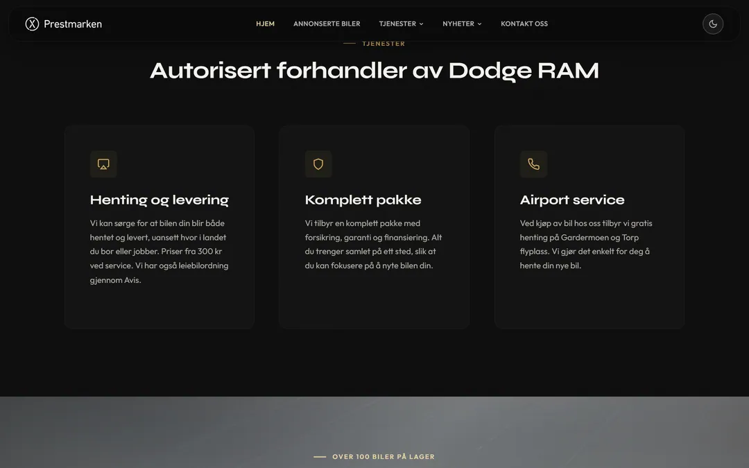 Seksjonen Autorisert forhandler av Dodge RAM med tjenestene henting og levering, komplett pakke og airport service