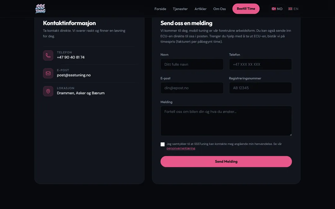 Bestillingsskjemaet på ssstuning.no med felt for navn, telefon, e-post, registreringsnummer og melding