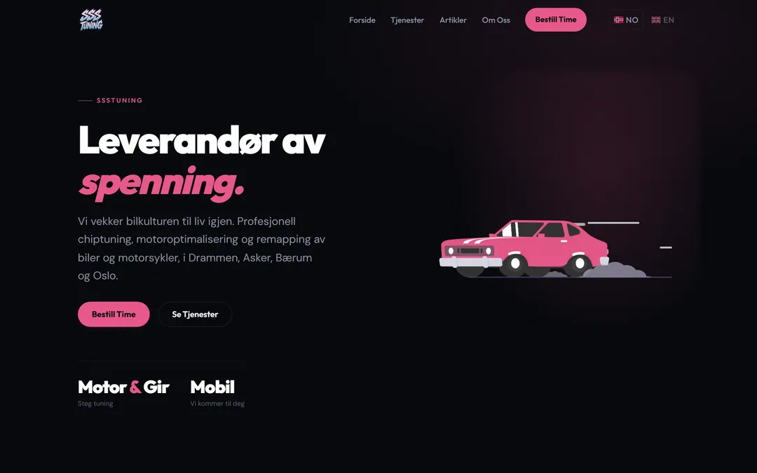 Forsiden til ssstuning.no med overskriften Leverandør av spenning og knappene Bestill Time og Se Tjenester