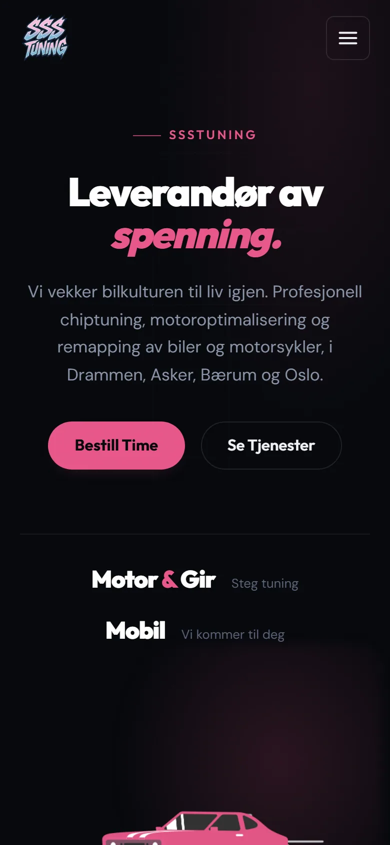 SSSTuning sin forside på mobil med overskriften Leverandør av spenning