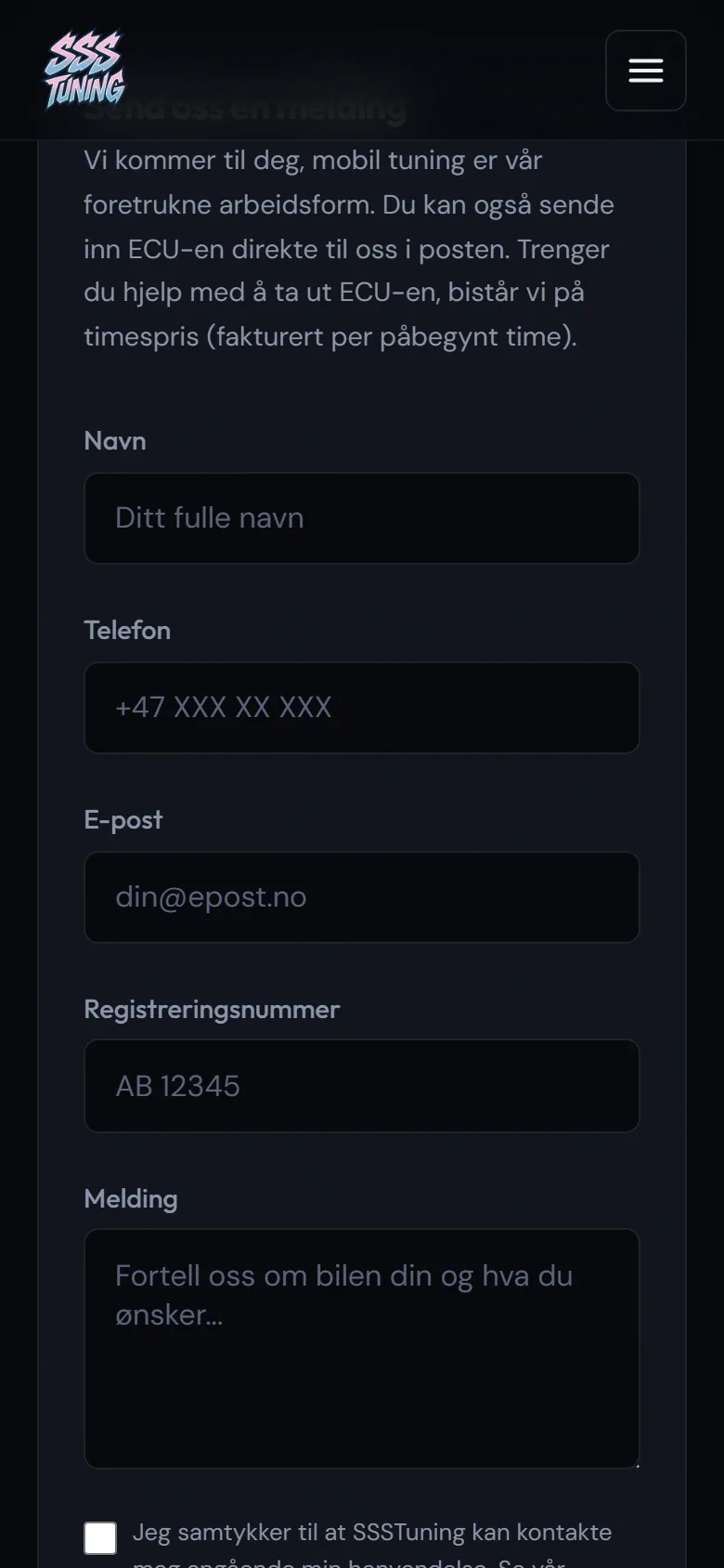 Bestillingsskjemaet til SSSTuning på mobil med felt for navn, telefon og e-post