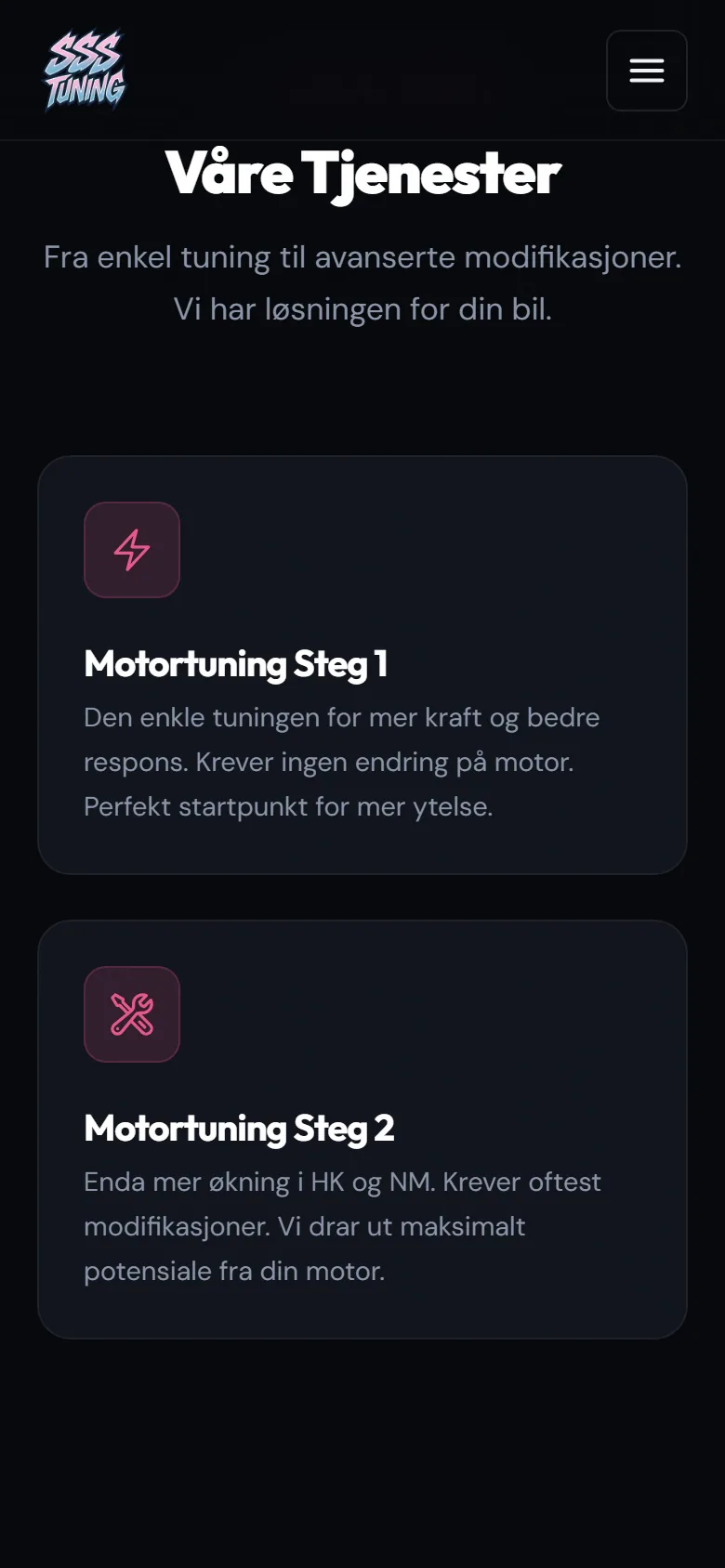 Tjenestene til SSSTuning vist som kort på mobil