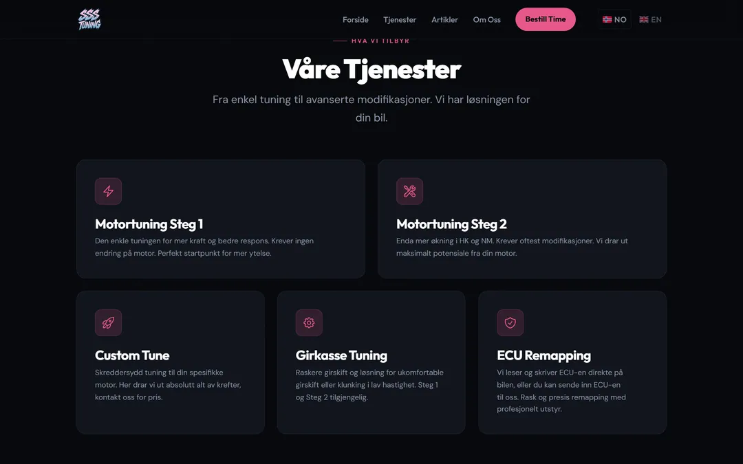 Seksjonen Våre Tjenester på ssstuning.no med motortuning steg 1 og 2, custom tune, girkassetuning, ECU-remapping og mobil tuning