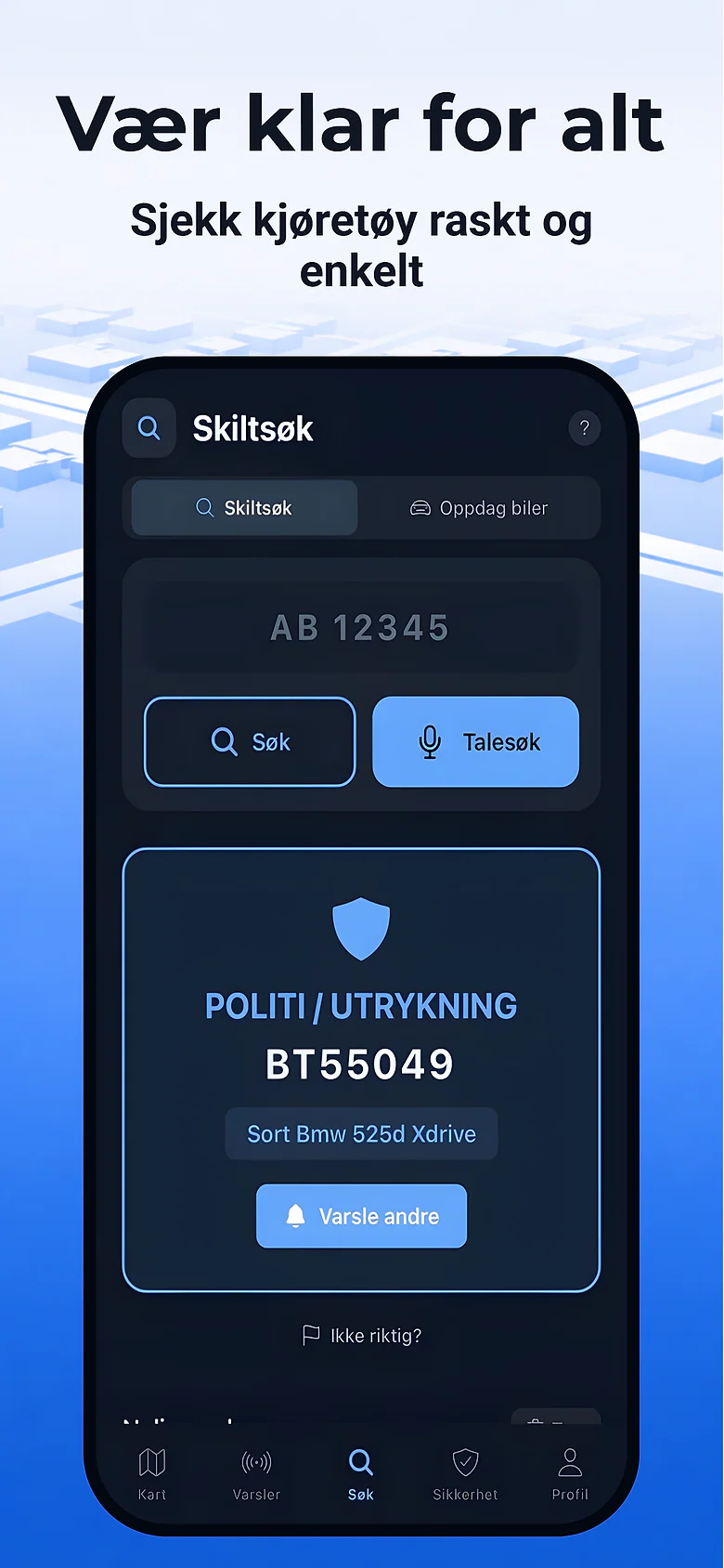 App Store-bilde med teksten Vær klar for alt: skiltsøk med tekst eller tale og et treff på et utrykningskjøretøy