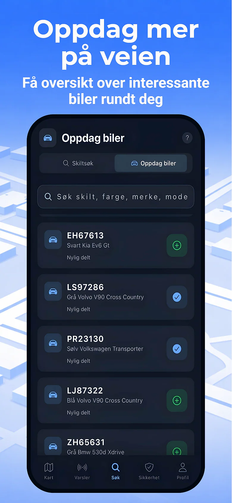 App Store-bilde med teksten Oppdag mer på veien: søk etter biler på skilt, farge, merke og modell