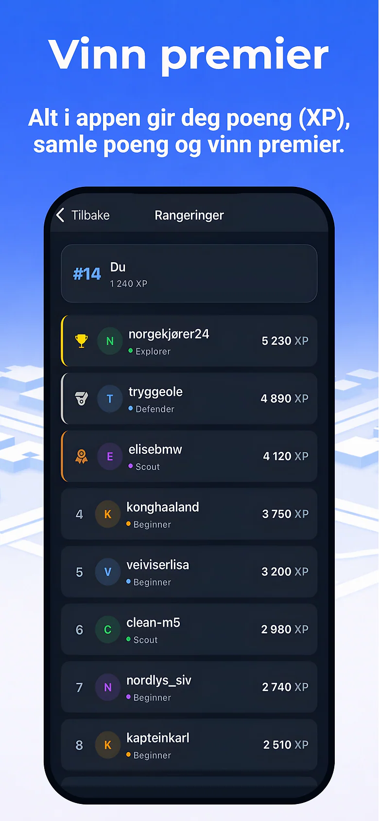 App Store-bilde med teksten Vinn premier: rangeringen der brukerne samler poeng (XP)
