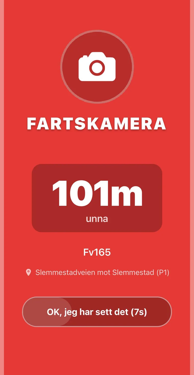 Fullskjermsvarsel i TryggeVeier om fartskamera 101 meter unna på Fv165