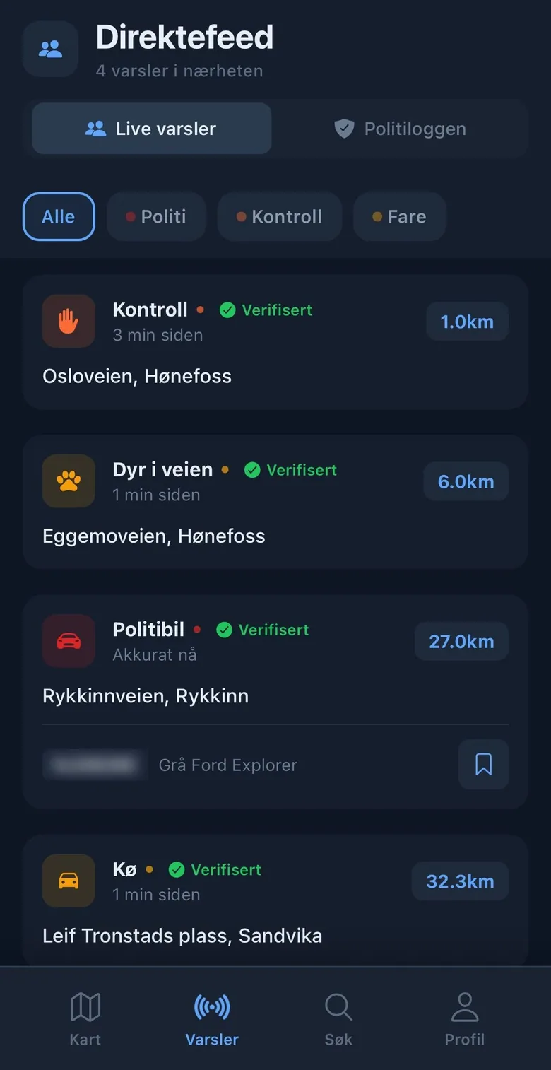 Direktefeeden i TryggeVeier med verifiserte varsler om kontroll, dyr i veien og kø, filtrert på politi, kontroll og fare