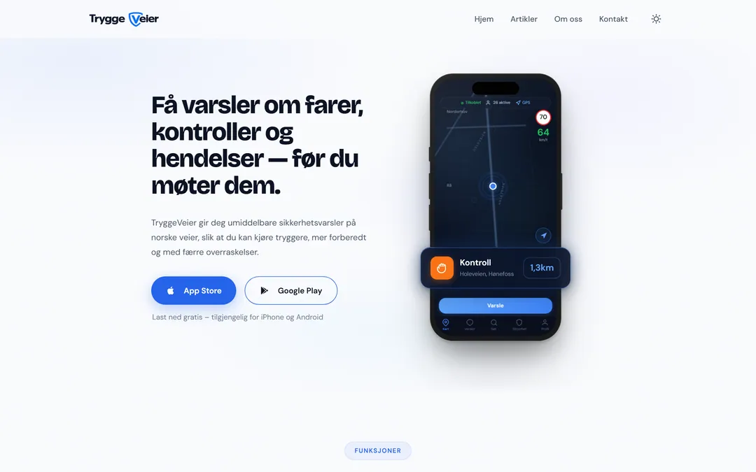 Forsiden til tryggeveier.no med overskriften Få varsler om farer, kontroller og hendelser og knapper til App Store og Google Play
